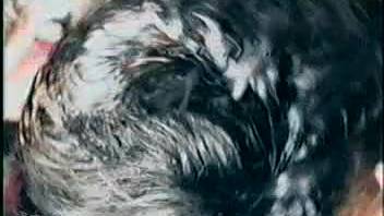 Buzz-cut babe idolizes a pooch's massive crimson cock