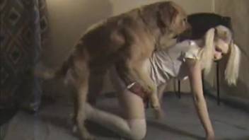 Aroused teen student enjoys striking poses during bestiality encounters