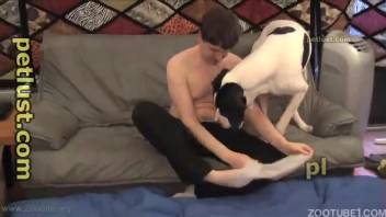 Mischievous guy into bestiality is having fun with his cute white animal