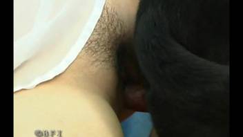 Brunette in white nightgown mounting her canine's penis