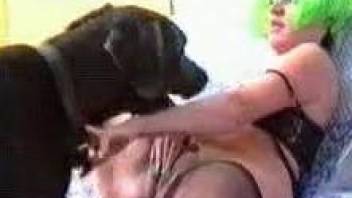 Green-haired girl is licked and dicked from behind by dog