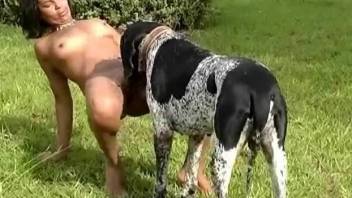 Tight beauties sucking the dog then fucking with the animal big time