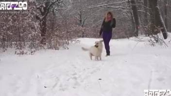 Snowy forest sex with a wavy-haired blonde zoophile