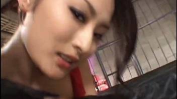 Japanese babe in fishnets caressing a canine's thick member