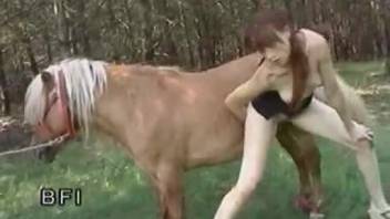 Skinny ginger rough encounter with a stallion in fiery open-air settings