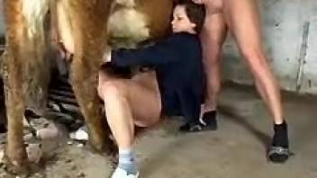 Man observes his cheating wife having sex with a well-endowed stallion