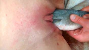 Bald vagina penetrated by a lifeless fish in front of the lens