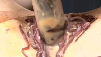 Squirmy vagina being penetrated by sex toys and additional items