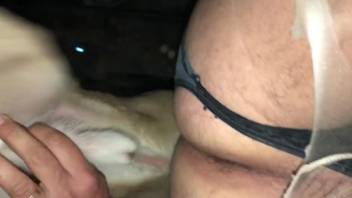 Dude in ripped pantyhose getting fucked by a dog