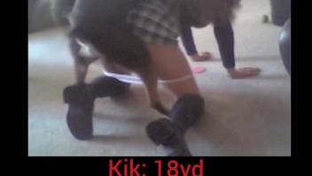 Schoolgirl with panties yanked down gets pounded.