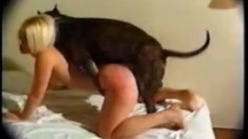 Blonde with short hair being violently screwed by a dog