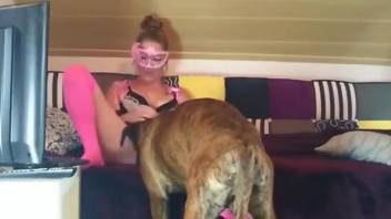 Pink socks hottie getting licked by  her sexy dog