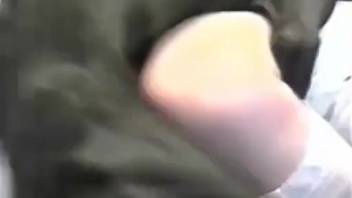 Dark-haired woman in white undergarments fucks a ebony monster