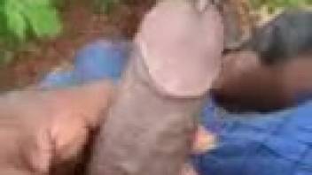 African American guy jerks off with a huge worm inside his cock