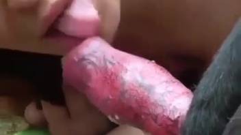 Attractive ginger-haired woman swallows canine penis deeply in front of the camera