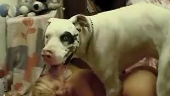 Light-colored canine ravaging a slender blonde cougar