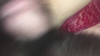 Sexy babe in red undies getting pounded in a close-up clip