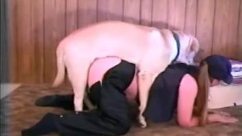 Mature woman in leather trousers relishing doggy-style intercourse with a canine