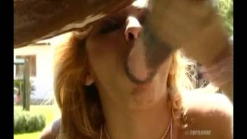 Fair-haired woman sucking off a chestnut horse's dick outside