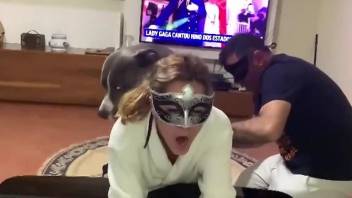 Hot lady in a mask getting humped by a dirty dog