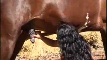 Curly-haired brunette screwing a steamy stallion