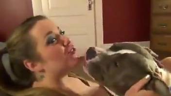 Sexy females makes out with her dog while nude and wet