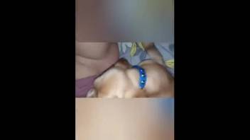 Aroused fair-haired lady with smooth-shaven genitals tongued by a stray dog